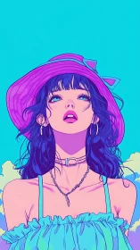 Stylized girl in sun hat against bright cyan sky backdrop.
