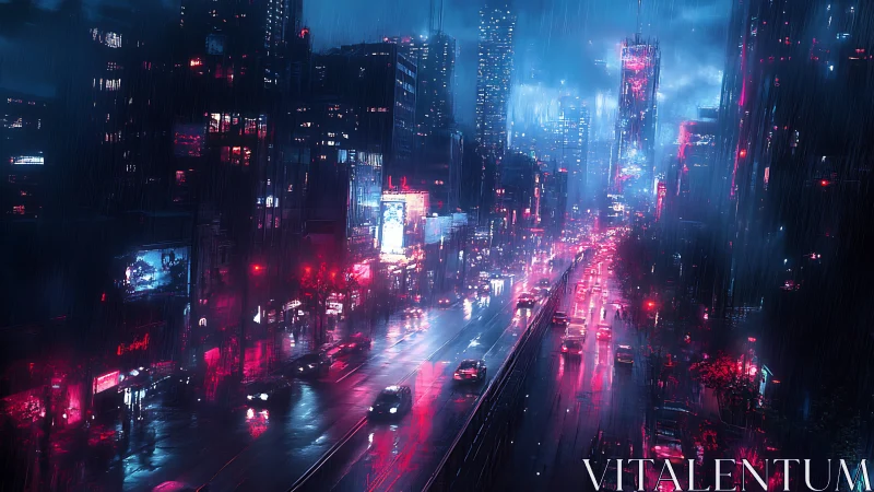 Neon-soaked cyberpunk city artery under dynamic rainstorm.