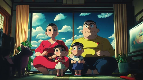 Evening anime family portrait in sunlit tatami room.