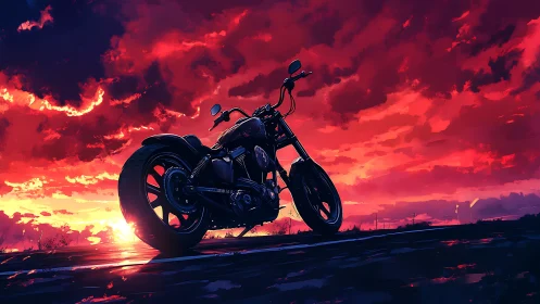 Roaring motorcycle rests beneath a blazing sunset sky