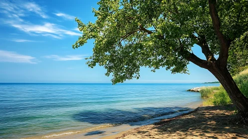 Photorealistic shoreline vista with overhanging lakeside tree canopy.