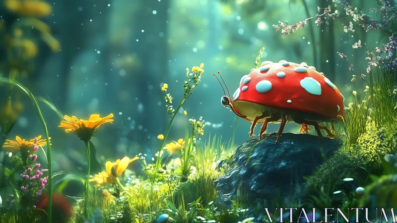 Macro fantasy beetle on mossy rock in luminous forest glade