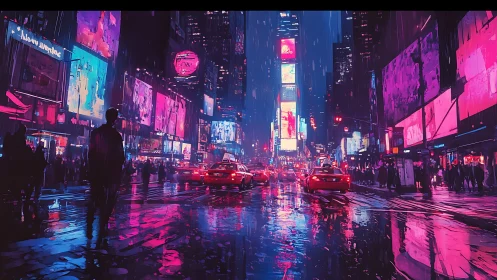 Neon saturated rainy city intersection with reflective wet asphalt.