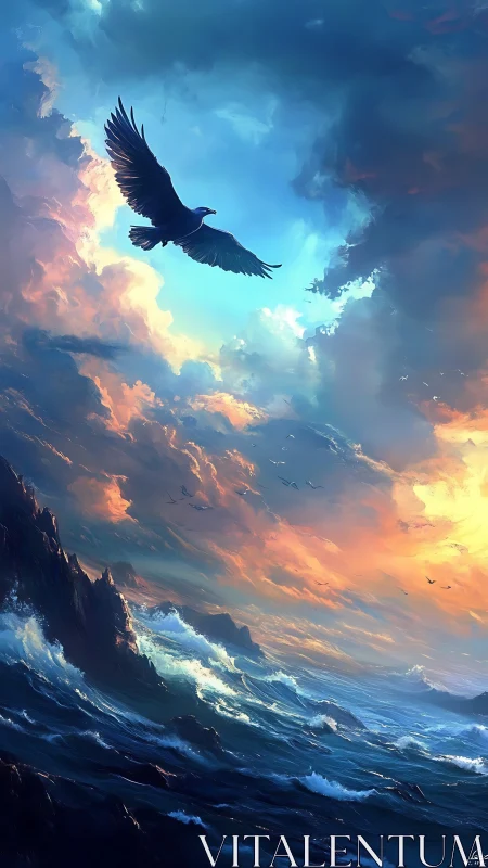 Storm-tossed raven gliding through painted ocean sky.