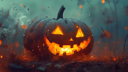 Glowing jack o’lantern smiles warmly in a misty autumn night