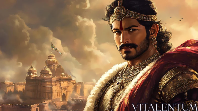 Regal Indian warlord before golden temple fortress at dusk.