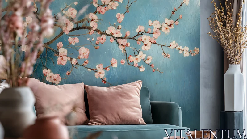 Pastel sofa set against large cherry blossom mural with painterly texture