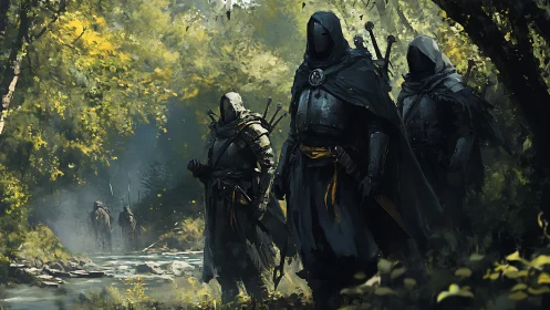 Dark-clad rangers advancing through luminous forest corridor.