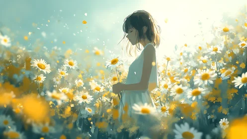 Luminous anime girl in sunlit daisy field, soft focus rendering.