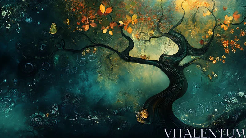 Enchanted golden tree glows softly in a swirling teal night