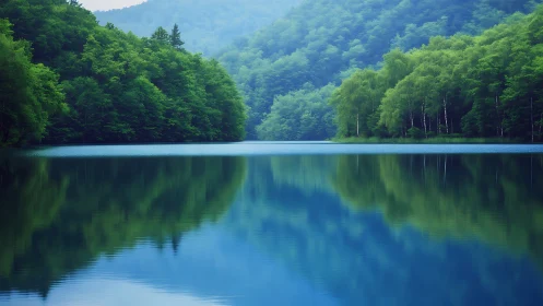 Calm forest lake reflects dense green mountainside