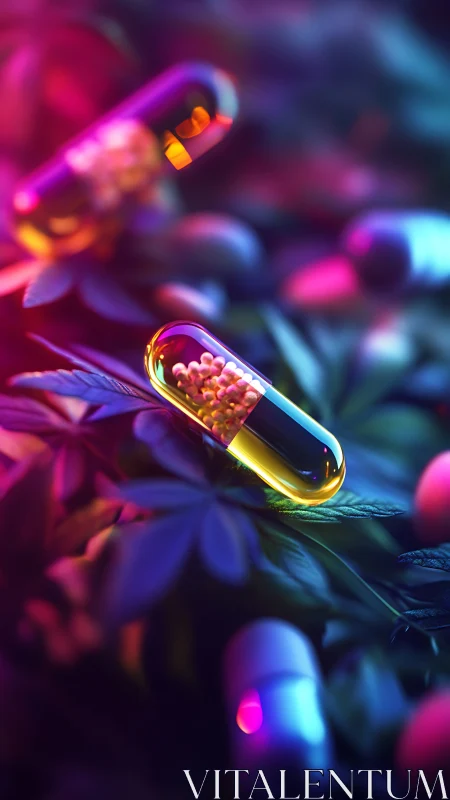 Neon lit capsules hover over cannabis foliage in macro depth