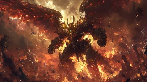 Armored winged giant stands amid large-scale urban conflagration