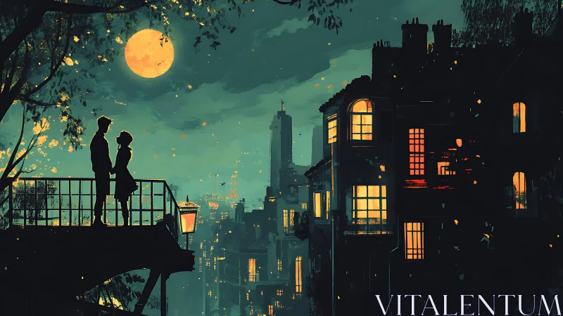 Silhouetted figures on terrace against full moon overlooking luminescent cityscape