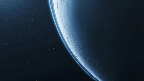 Curved planet limb cuts across star-filled deep space