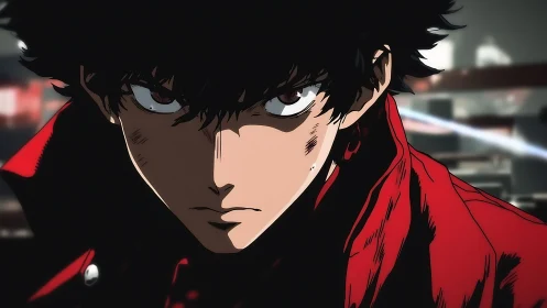 Fierce anime hero in red coat facing the city’s tension.