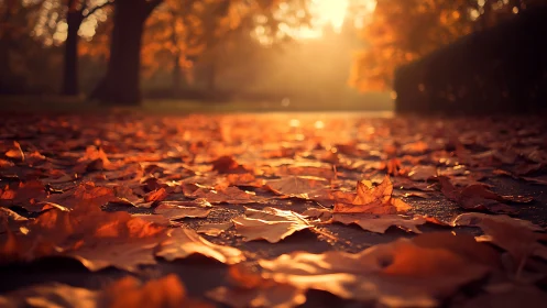 Golden autumn leaves glow softly in warm evening light.