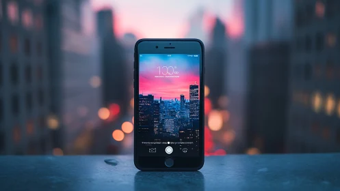 Smartphone displaying cityscape at dusk with time display interface
