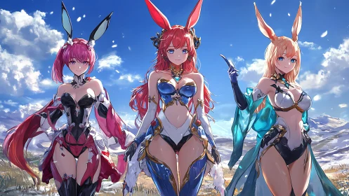 Three anime bunny girls in revealing sci fi outfits outdoors.