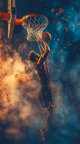 Dynamic basketball dunk in cinematic smoke and light.