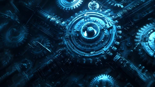 Futuristic blue mechanical gears in digital sci-fi artwork.