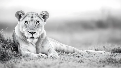 Calm lioness resting in soft monochrome savanna light.
