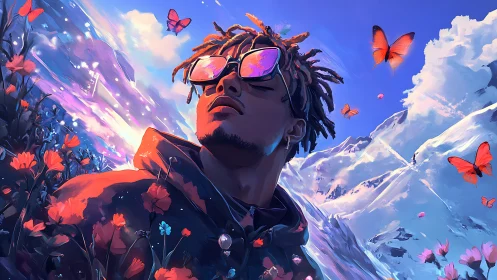 Vibrant cel-shaded portrait contrasts alpine peaks with neon flora