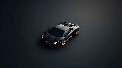 Black sports coupe sits centered on dark gradient background