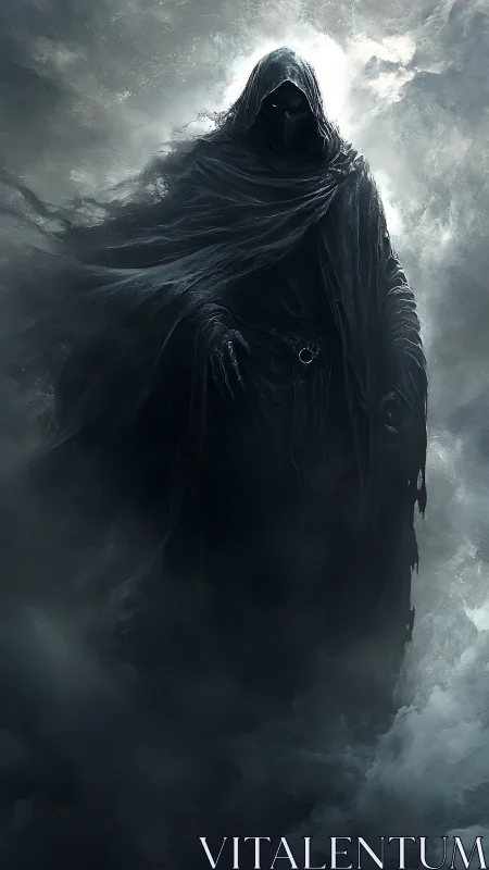Hooded cloaked figure in dense mist with obscured background.
