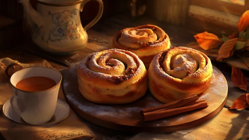 Cinnamon rolls and tea in warm autumn window light.