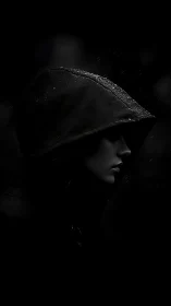 Shadowed hooded figure in rain with dramatic side profile.