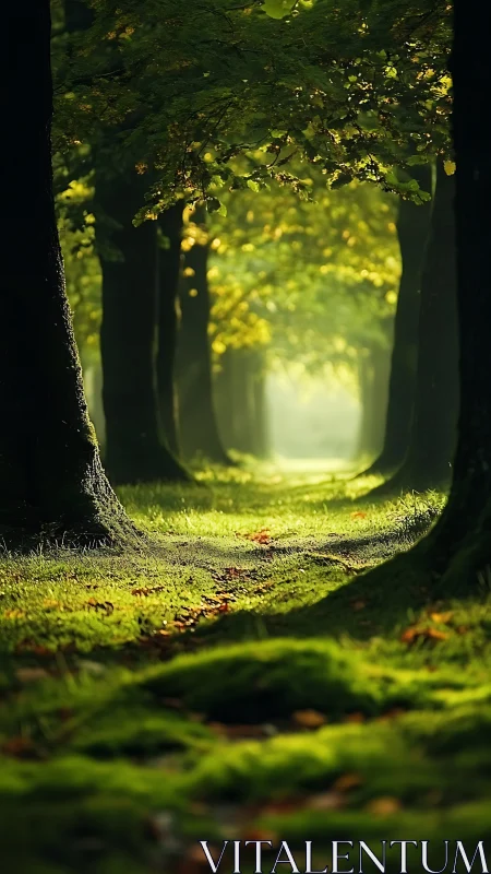 Forest tunnel with luminous canopy glow.