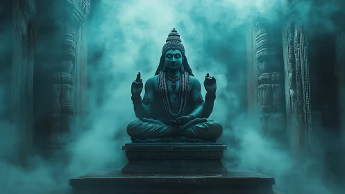 Serene temple deity resting in soft teal mystic mist.