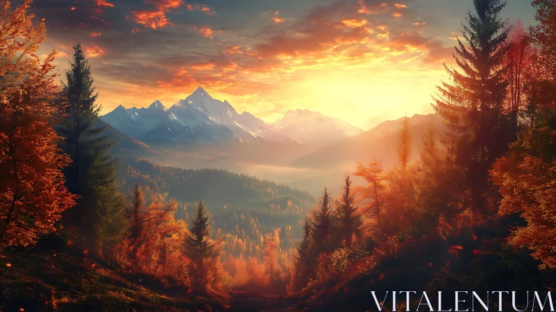 Digital painting of autumn alpine valley with radiant sunset glow.