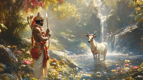 Sacred wanderer meets gentle deer spirit by waterfall.