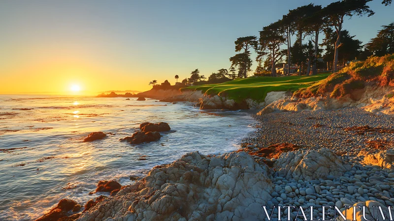 Golden hour coastal landscape with rocky shoreline framing sunset.