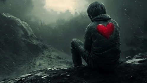 Solitary dreamer with a glowing red heart in the rain.