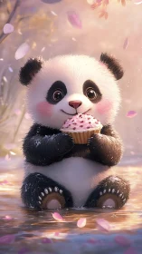 Baby panda holding cupcake under soft falling petals.