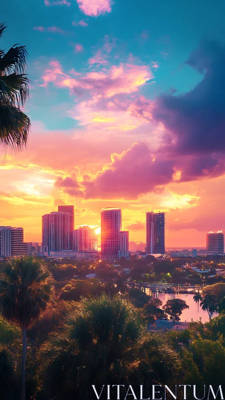 Neon sunset skyline glows over tropical waterfront cityscape.