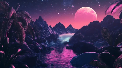 Neon tropical river valley under large pink alien moon.