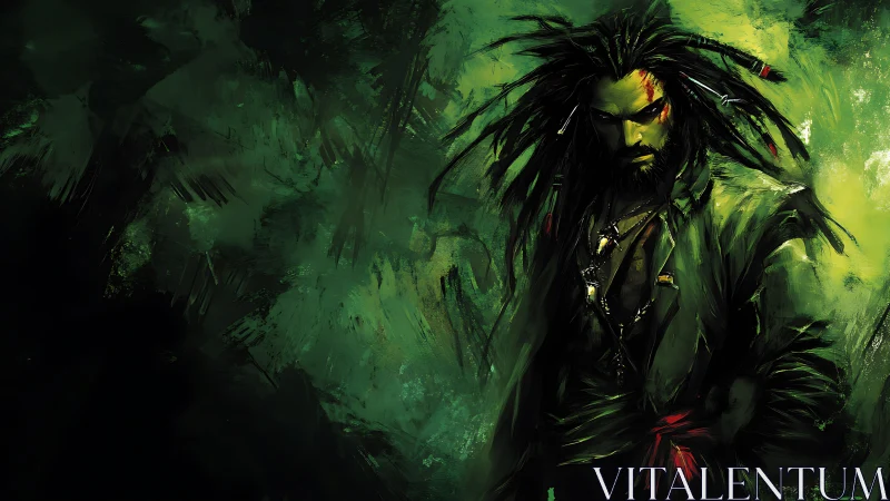 Digital painting of brooding warrior in feral green chiaroscuro.