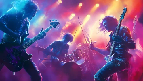 High-energy rock band performance under neon stage lighting