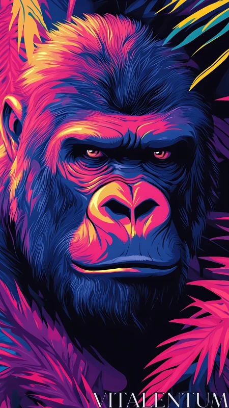 Neon-toned gorilla portrait amid stylized foliage elements.