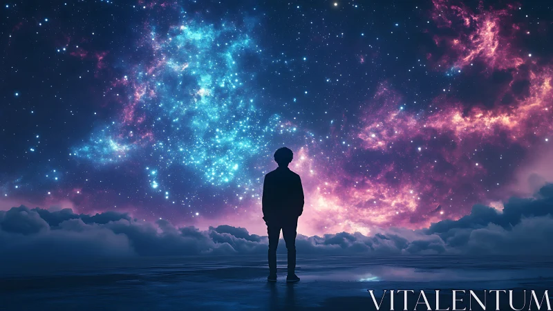 Stargazing dreamer standing beneath a neon painted cosmos.