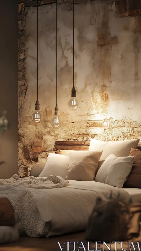 Rustic bedroom retreat under warm pendant lighting glow.