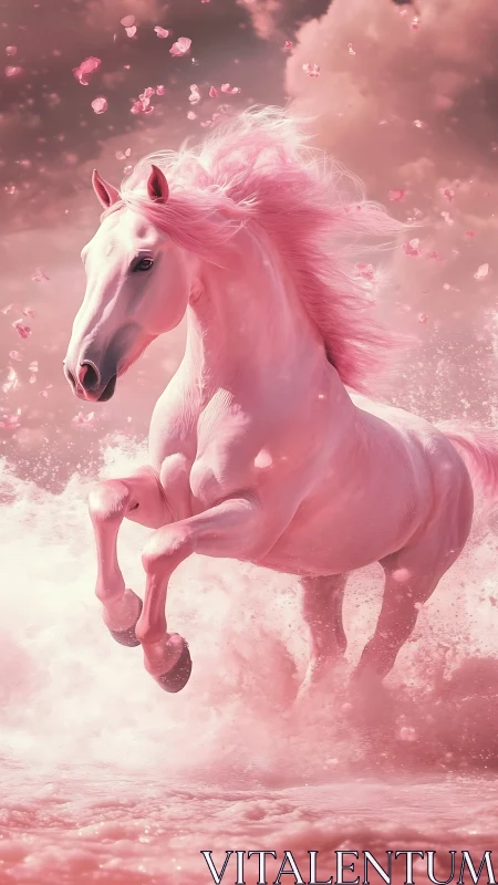 Graceful pink horse gallops through dreamy swirling waves