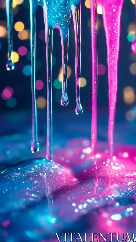 Neon drips of glittering liquid over bokeh lights at night.