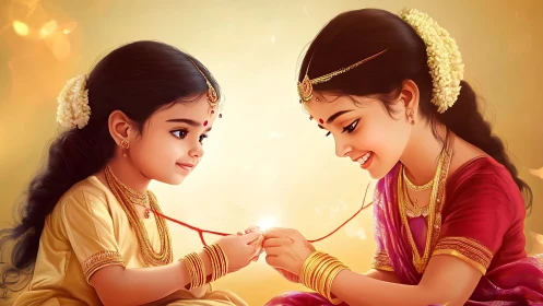Two Indian Girls Celebrating Raksha Bandhan in Festive Attire.