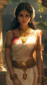 Regal woman in traditional South Indian attire bathed in light.