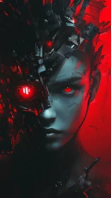 Red eclipse cyborg muse in shrapnel-lit neon dusk.
